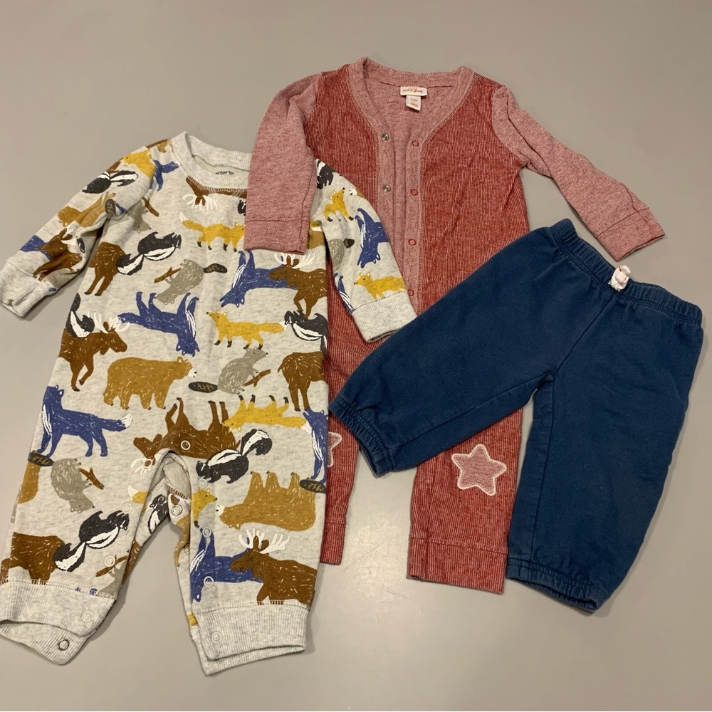 6-9 month 3 piece Lot/Bundle-2 Rompers-1 sweatpant. Carter’s and Cat & Jack